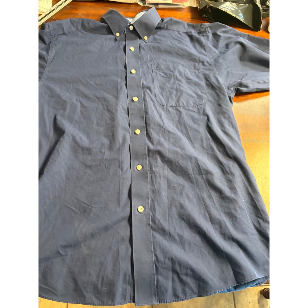 Ariat Mens Navy Blue Wrinkle Free Short Sleeve Button Down Shirt Medium